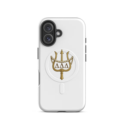Tri Delta Trident and Pearls iPhone 16 MagSafe case with gold trident, pearls, and ΔΔΔ Greek letters on white sorority design