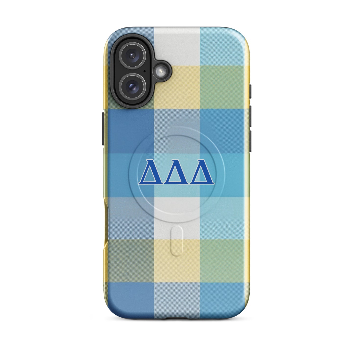 Tri Delta Plaid MagSafe iPhone 16 Plus case with bold ΔΔΔ Greek letters on blue and yellow plaid sorority design