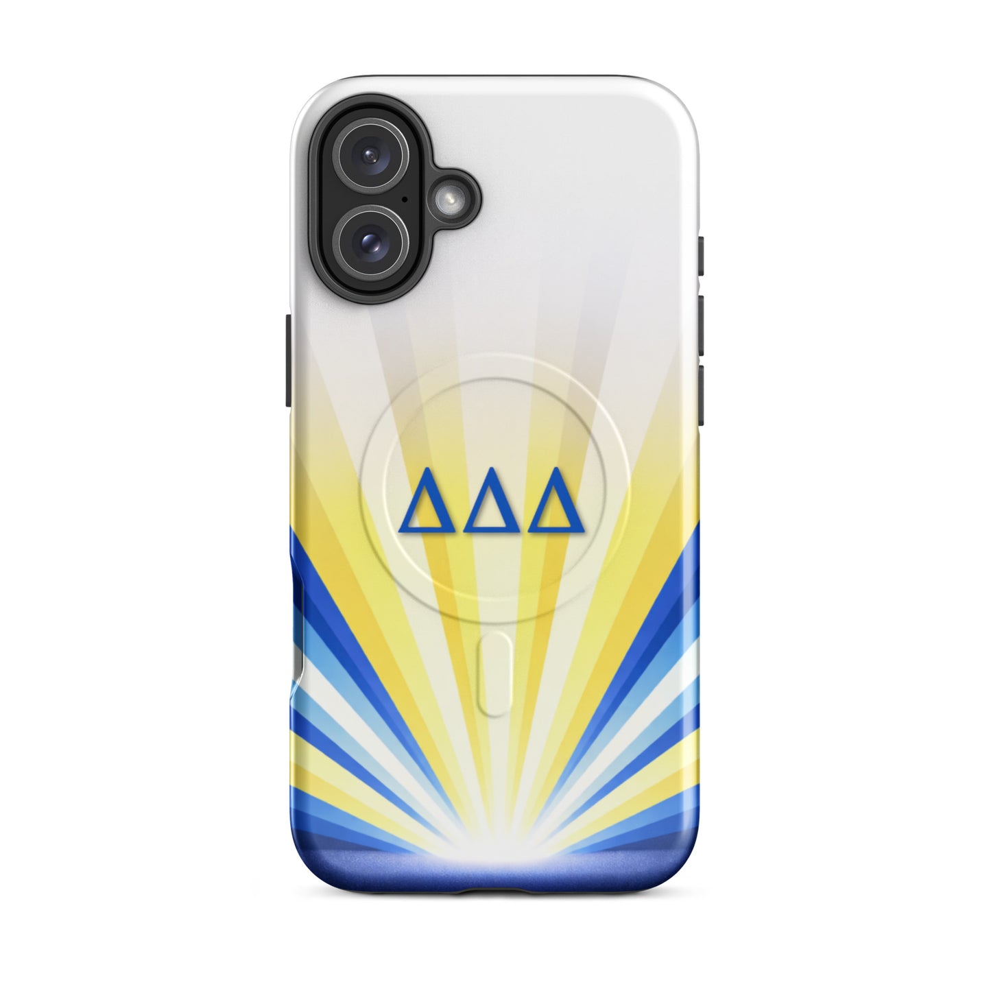 Tri Delta Radiant Sunburst iPhone 16 Plus MagSafe case featuring blue DDD sorority letters on white, yellow and blue