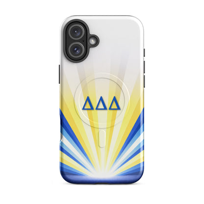 Tri Delta Radiant Sunburst iPhone 16 Plus MagSafe case featuring blue DDD sorority letters on white, yellow and blue