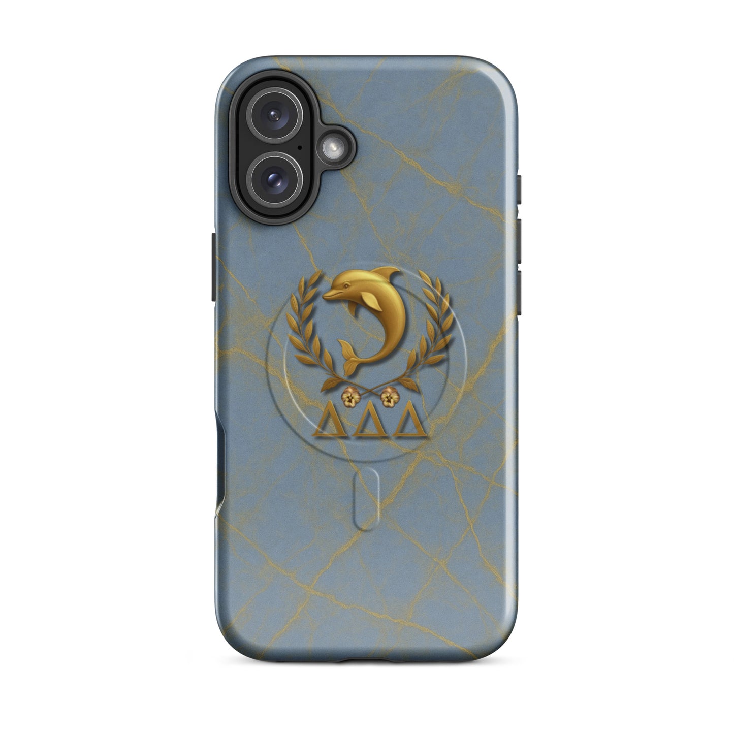 Blue and gold marble Tri Delta iPhone 16 Plus phone case featuring the dolphin, laurel wreath, pansies, and Delta Delta Delta Greek letters with MagSafe charging