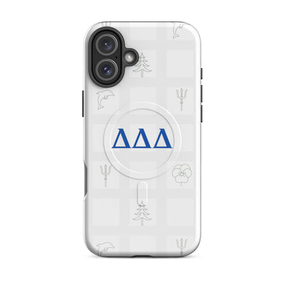 DDD sorority iPhone 16 Plus MagSafe case with subtle blue Delta Delta Delta letters and signature Greek symbols