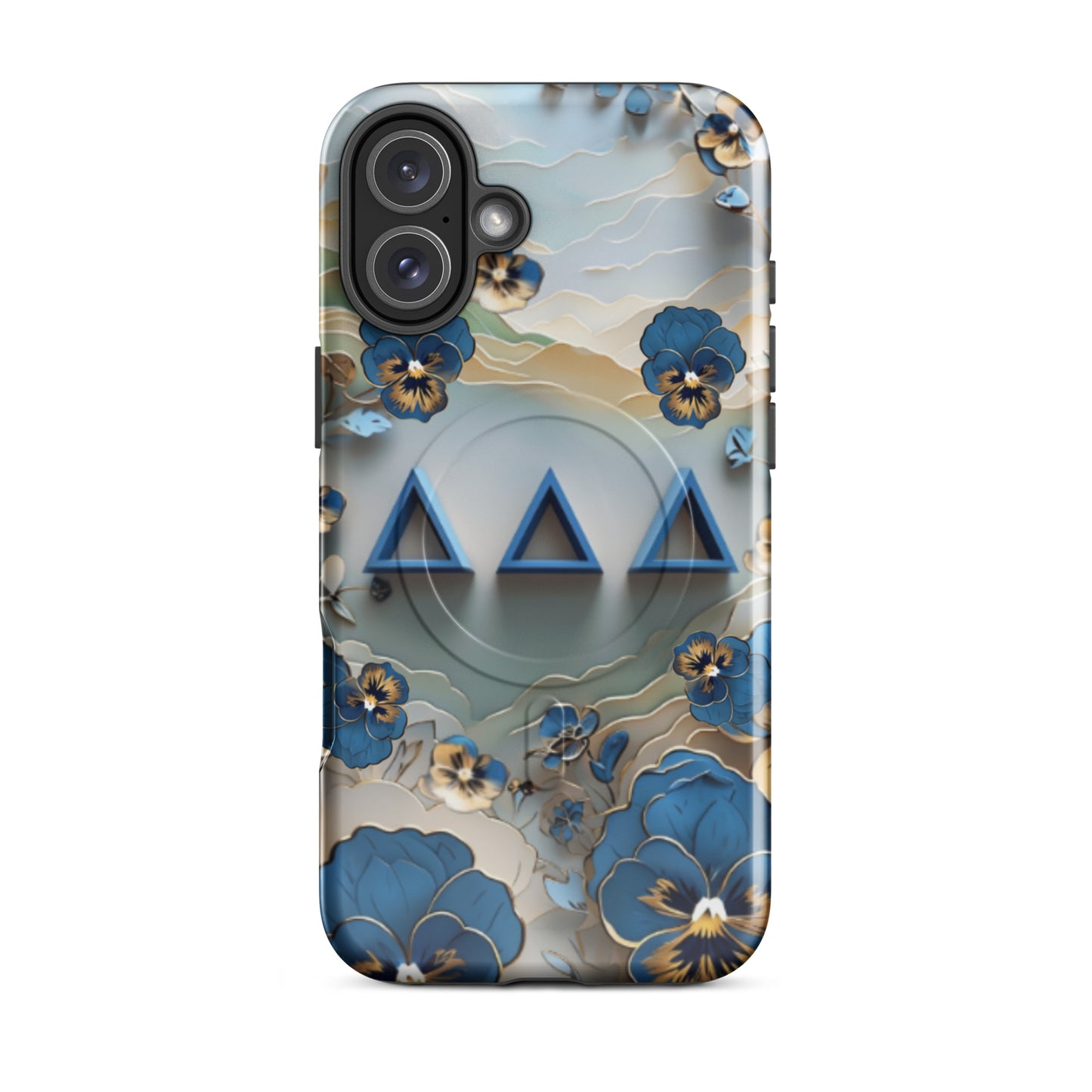 Blue, gold, and cream Origami Pansy Tri Delta iPhone 16 Plus phone case with DDD Greek letters and MagSafe charging compatibility