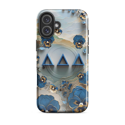 Blue, gold, and cream Origami Pansy Tri Delta iPhone 16 Plus phone case with DDD Greek letters and MagSafe charging compatibility
