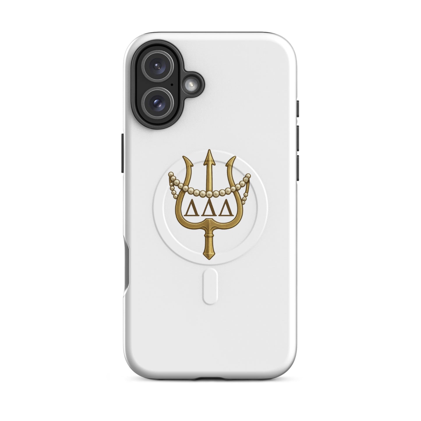 White and gold Tri Delta iPhone 16 Plus phone case featuring the trident, pearls, and Delta Delta Delta Greek letters with MagSafe charging compatibility