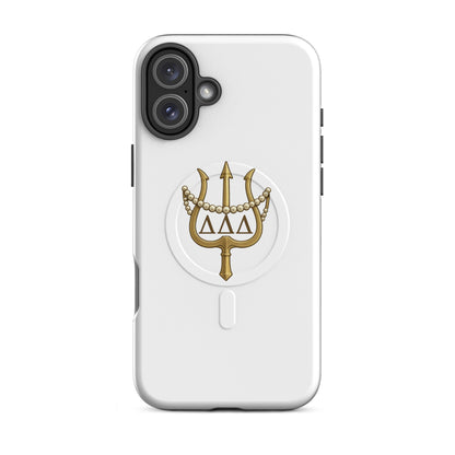 White and gold Tri Delta iPhone 16 Plus phone case featuring the trident, pearls, and Delta Delta Delta Greek letters with MagSafe charging compatibility