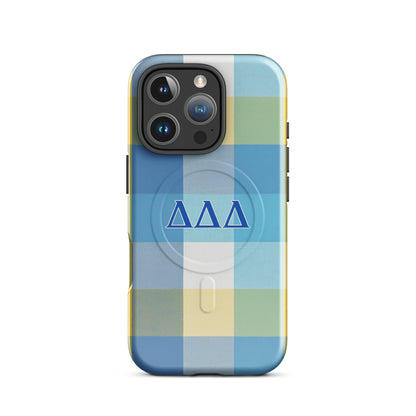 Blue and yellow plaid Tri Delta iPhone 16 Pro phone case with DDD Greek letters and MagSafe charging compatibility