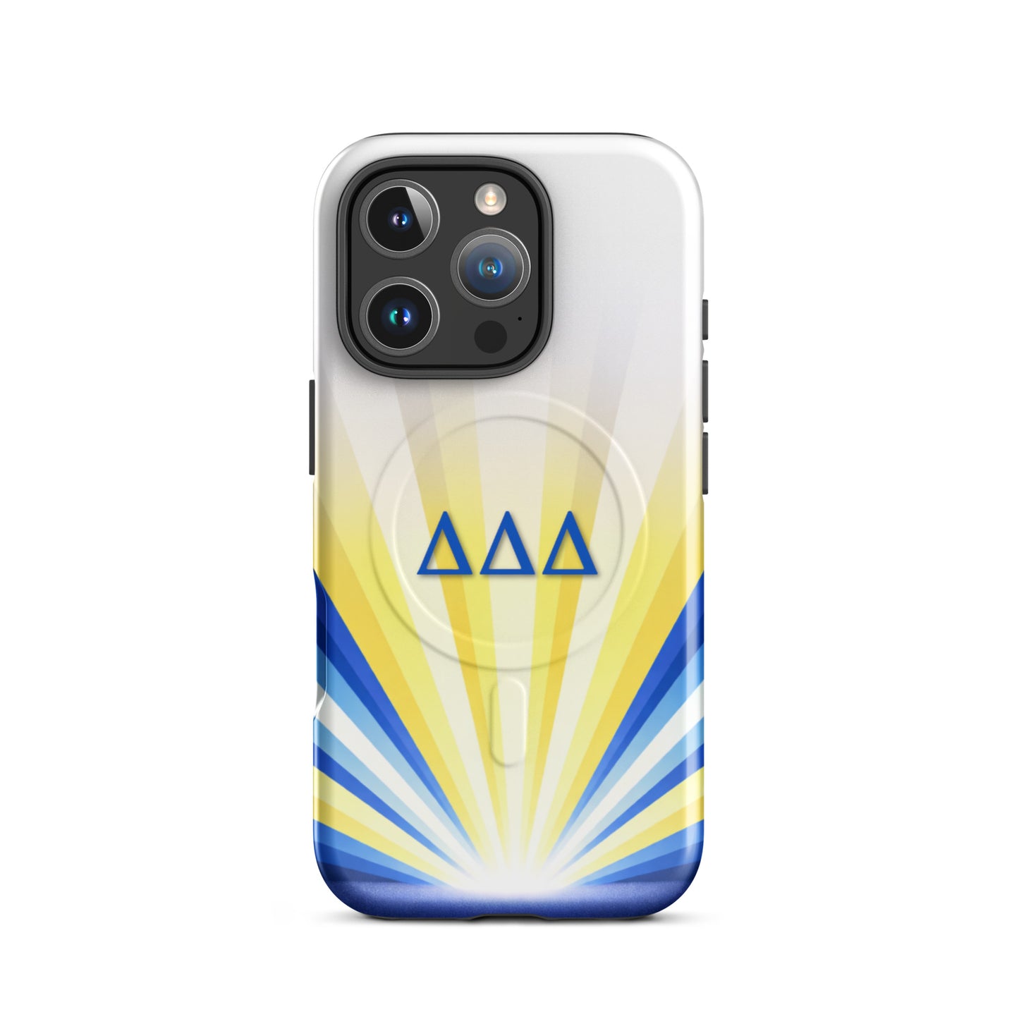 Delta Delta Delta Radiant Sunburst MagSafe case for iPhone in white and yellow with blue DDD Greek letters and sunburst design