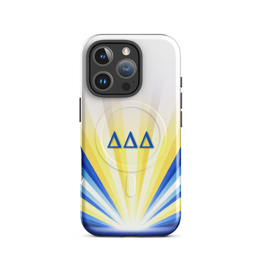 Delta Delta Delta Radiant Sunburst MagSafe case for iPhone in white and yellow with blue DDD Greek letters and sunburst design