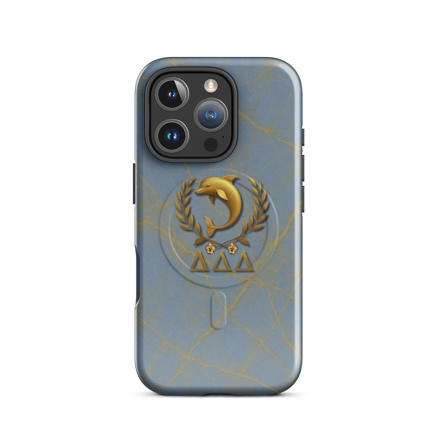 Tri Delt sorority iPhone 16 Pro MagSafe case with the golden dolphin crest and pansies - honoring the timeless traditions of Delta Delta Delta sisterhood