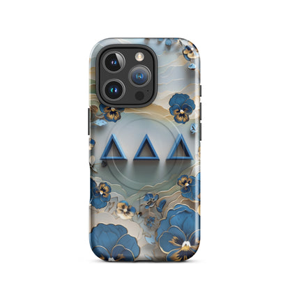 Tri Delt sorority iPhone 16 Pro MagSafe case featuring origami-inspired pansy blossoms and the timeless symbols of Delta Delta Delta sisterhood