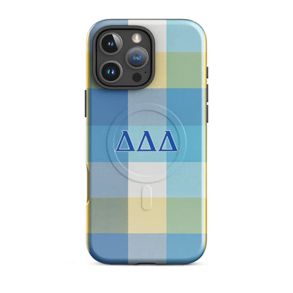 DDD sorority iPhone16 Pro Max MagSafe case in signature blue and yellow plaid - perfect for sisters and chapter events
