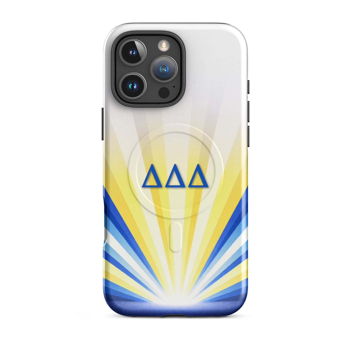 Delta Delta Delta Radiant Sunburst MagSafe case for iPhone 16 Pro Maxin white and yellow with blue DDD Greek letters and sunburst design
