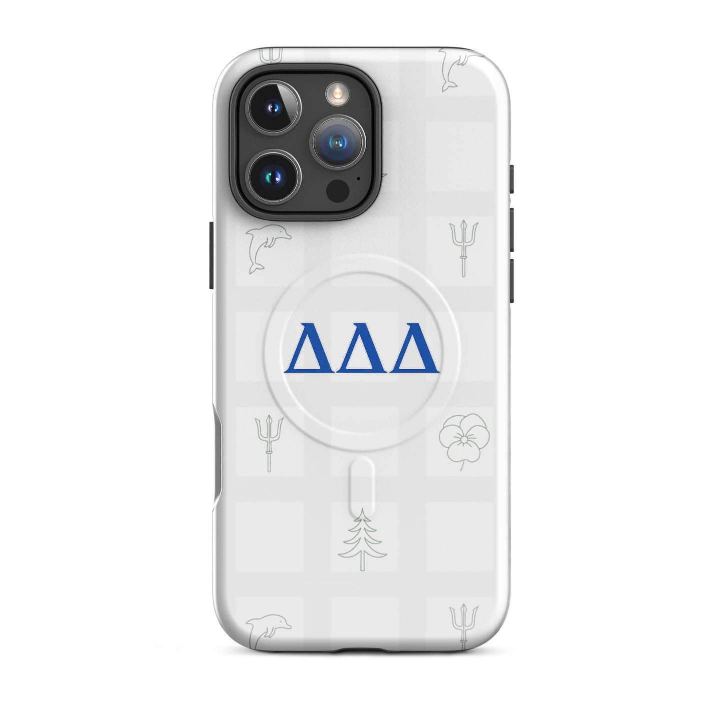 Delta Delta Delta Subtle Symbol iPhone 16 Pro Max MagSafe case with blue DDD letters, dolphin, trident, pansy, and pine on white checkered design