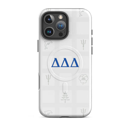 Delta Delta Delta Subtle Symbol iPhone 16 Pro Max MagSafe case with blue DDD letters, dolphin, trident, pansy, and pine on white checkered design