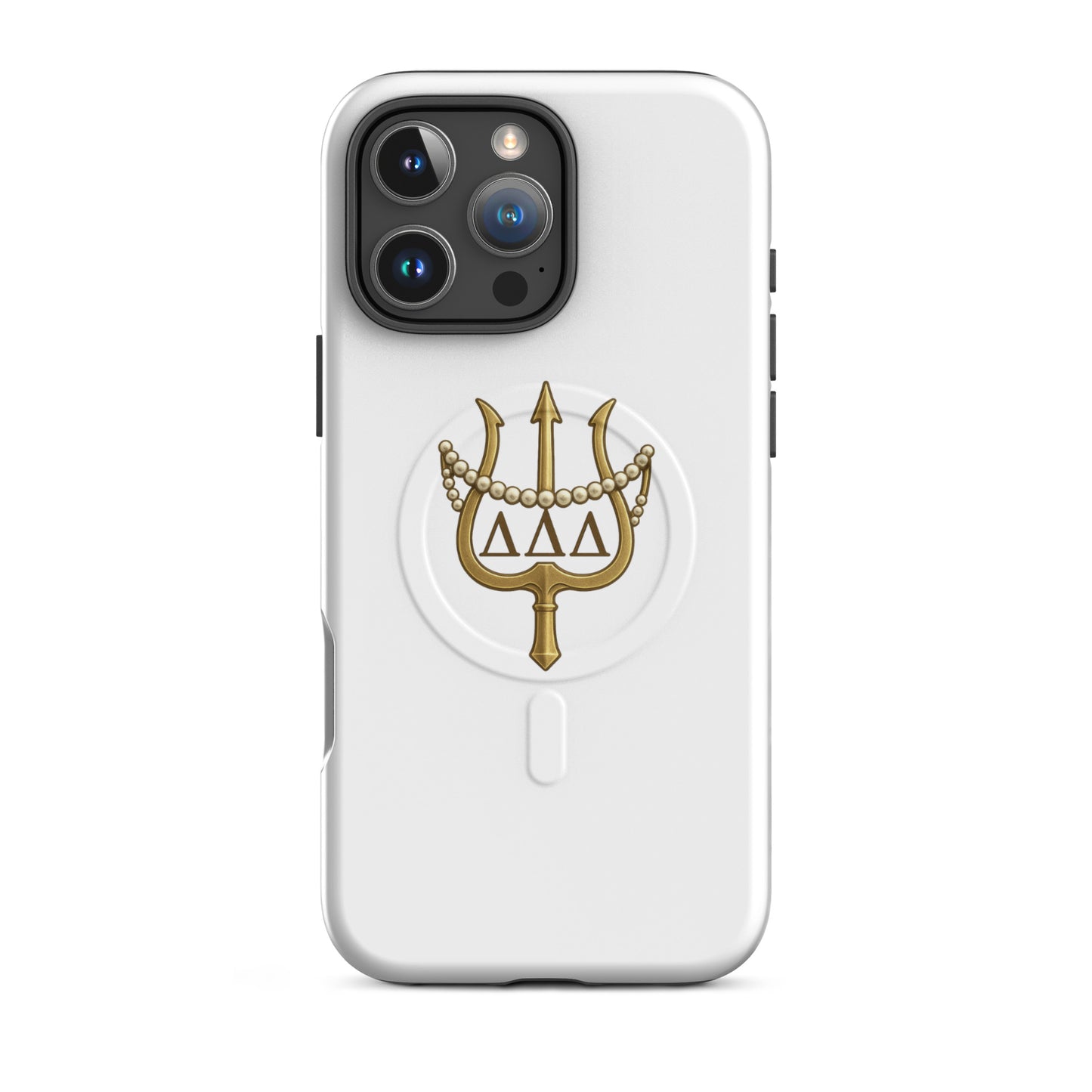 Tri Delta Trident and Pearls iPhone 16 Pro Max MagSafe case with gold trident, pearls, and ΔΔΔ Greek letters on white sorority design