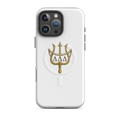 Tri Delta Trident and Pearls iPhone 16 Pro Max MagSafe case with gold trident, pearls, and ΔΔΔ Greek letters on white sorority design
