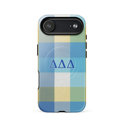 Tri Delta Plaid MagSafe iPhone 17 Air case with bold ΔΔΔ Greek letters on blue and yellow plaid sorority design