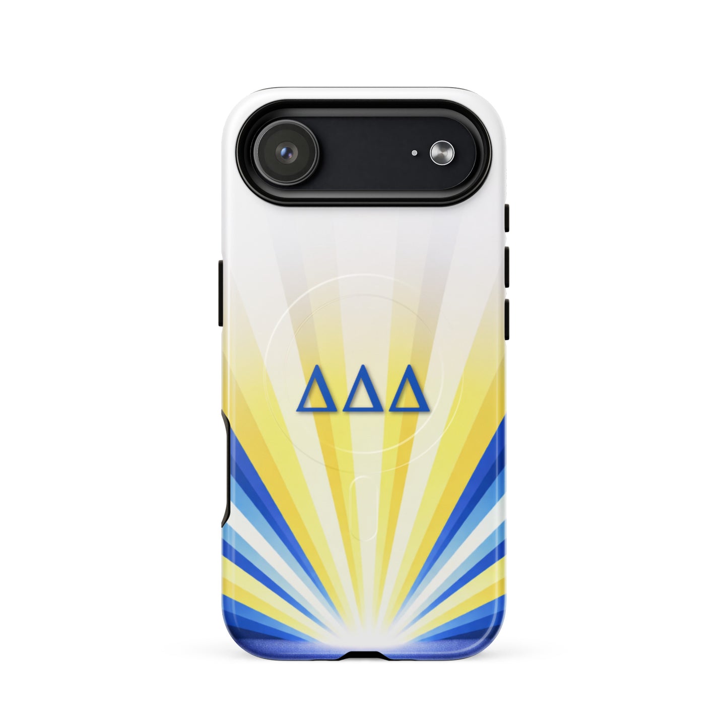 Tri Delta Radiant Sunburst iPhone 17 Air MagSafe case featuring blue DDD sorority letters on white, yellow and blue