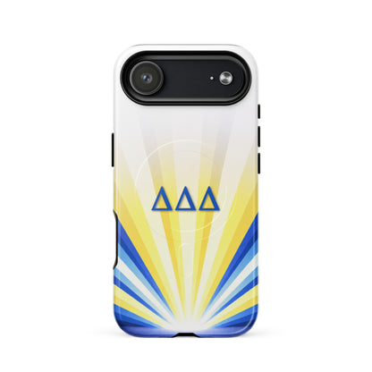 Tri Delta Radiant Sunburst iPhone 17 Air MagSafe case featuring blue DDD sorority letters on white, yellow and blue