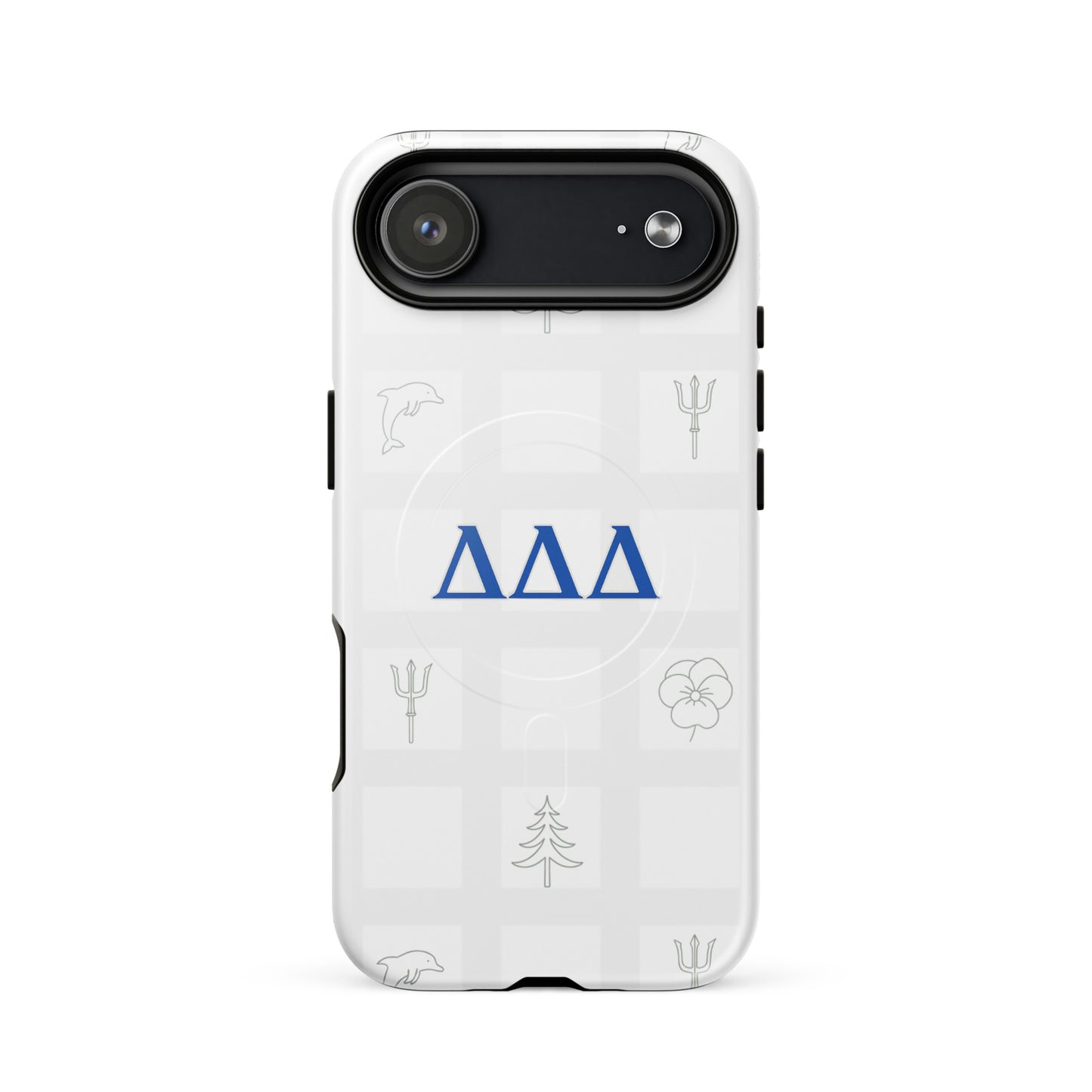 White checkered Tri Delta iPhone 17 Air phone case featuring sorority symbols - dolphin, trident, pansy, and pine - with MagSafe charging compatibility