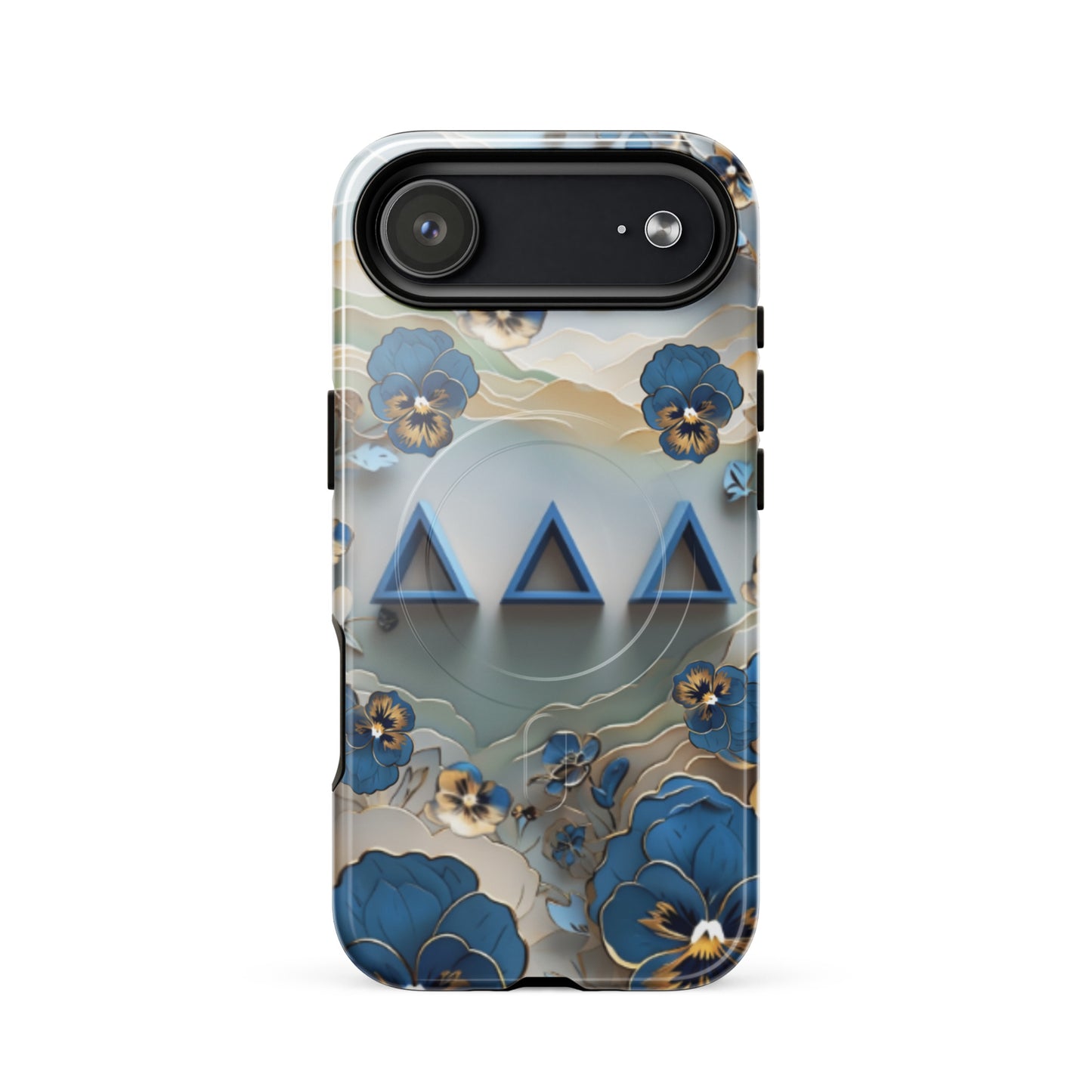 Blue, gold, and cream Origami Pansy Tri Delta iPhone 17 Air phone case with DDD Greek letters and MagSafe charging compatibility