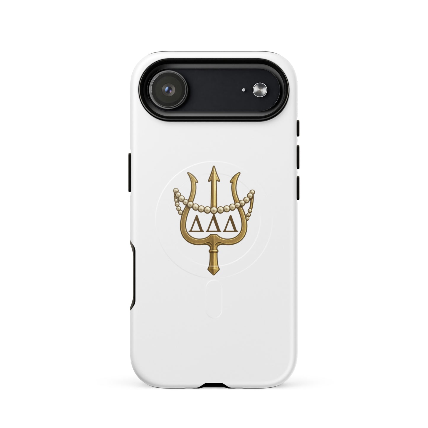 Tri Delta Trident and Pearls iPhone 17 Air MagSafe case with gold trident, pearls, and ΔΔΔ Greek letters on white sorority design