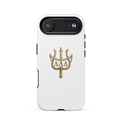 Tri Delta Trident and Pearls iPhone 17 Air MagSafe case with gold trident, pearls, and ΔΔΔ Greek letters on white sorority design
