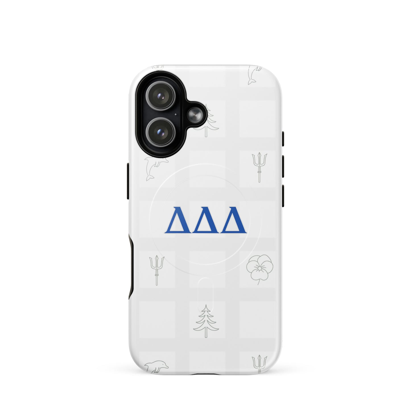 Delta Delta Delta Subtle Symbol iPhone 17 MagSafe case with blue DDD letters, dolphin, trident, pansy, and pine on white checkered design