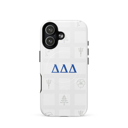 Delta Delta Delta Subtle Symbol iPhone 17 MagSafe case with blue DDD letters, dolphin, trident, pansy, and pine on white checkered design
