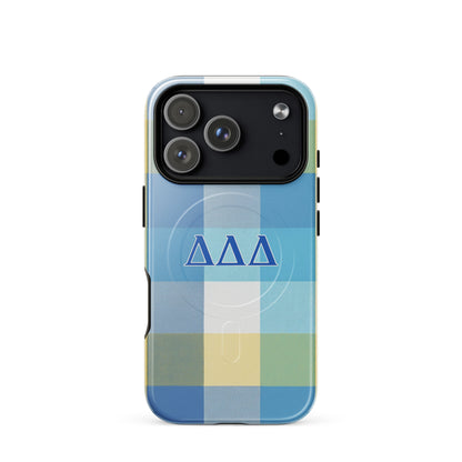 DDD sorority iPhone 17 Pro MagSafe case in signature blue and yellow plaid - perfect for sisters and chapter events