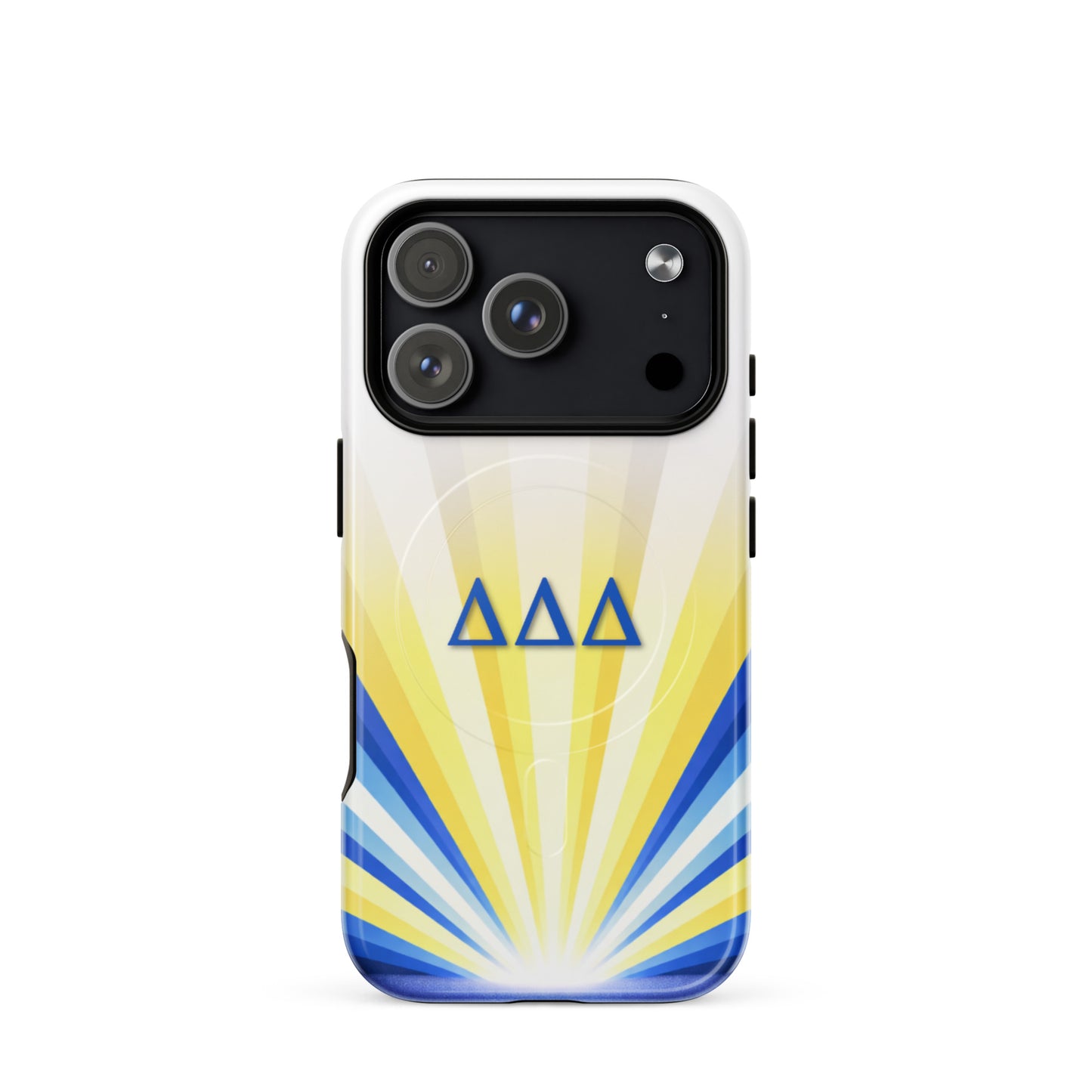 Tri Delta Radiant Sunburst iPhone 17 Pro MagSafe case featuring blue DDD sorority letters on white, yellow and blue