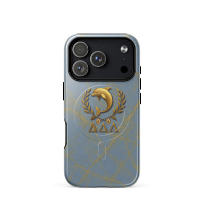 Blue and gold marble Tri Delta iPhone 17 Pro phone case featuring the dolphin, laurel wreath, pansies, and Delta Delta Delta Greek letters with MagSafe charging