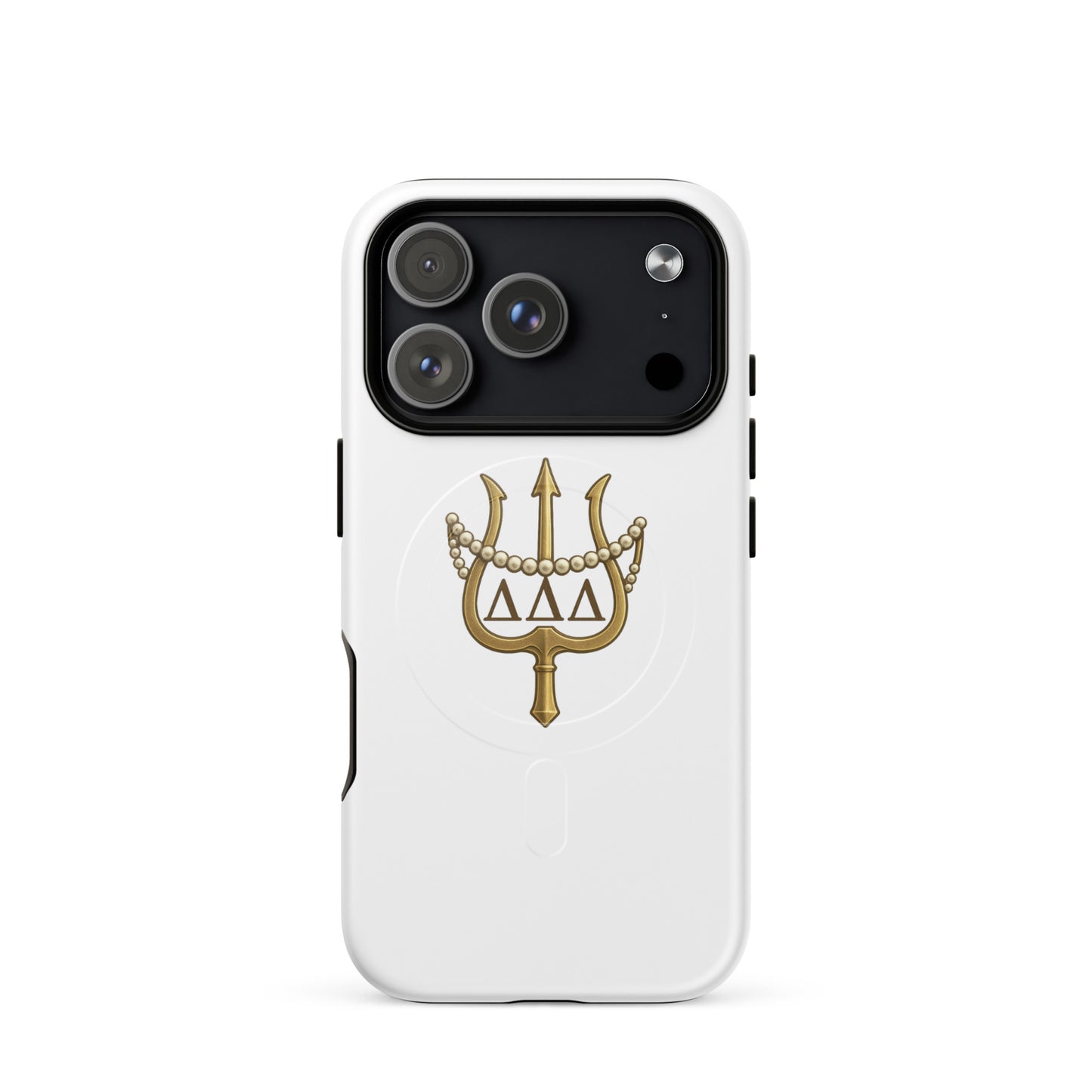 White and gold Tri Delta iPhone 17 Pro phone case featuring the trident, pearls, and Delta Delta Delta Greek letters with MagSafe charging compatibility