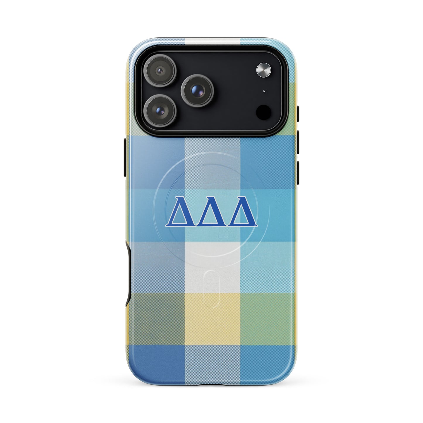 Tri Delta Plaid MagSafe iPhone 17 Pro Max case with bold ΔΔΔ Greek letters on blue and yellow plaid sorority design