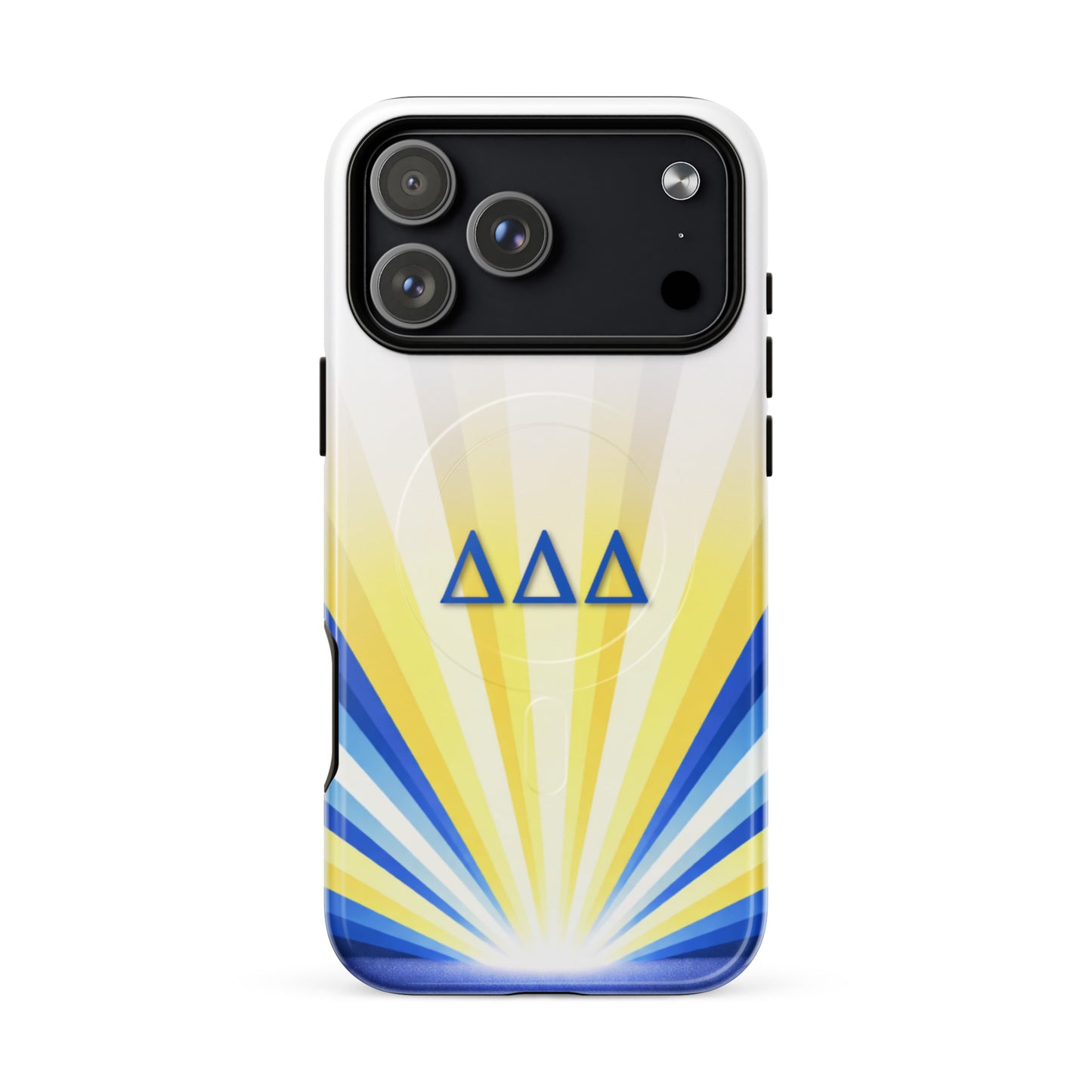 Delta Delta Delta Radiant Sunburst MagSafe case for iPhone 17 Pro Max in white and yellow with blue DDD Greek letters and sunburst design