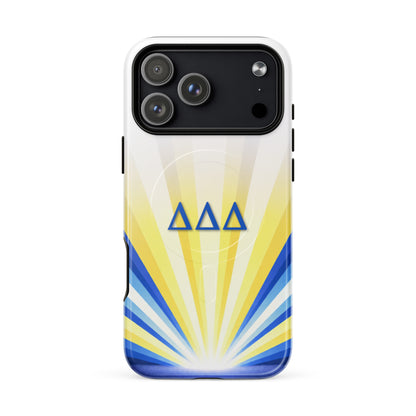 Delta Delta Delta Radiant Sunburst MagSafe case for iPhone 17 Pro Max in white and yellow with blue DDD Greek letters and sunburst design