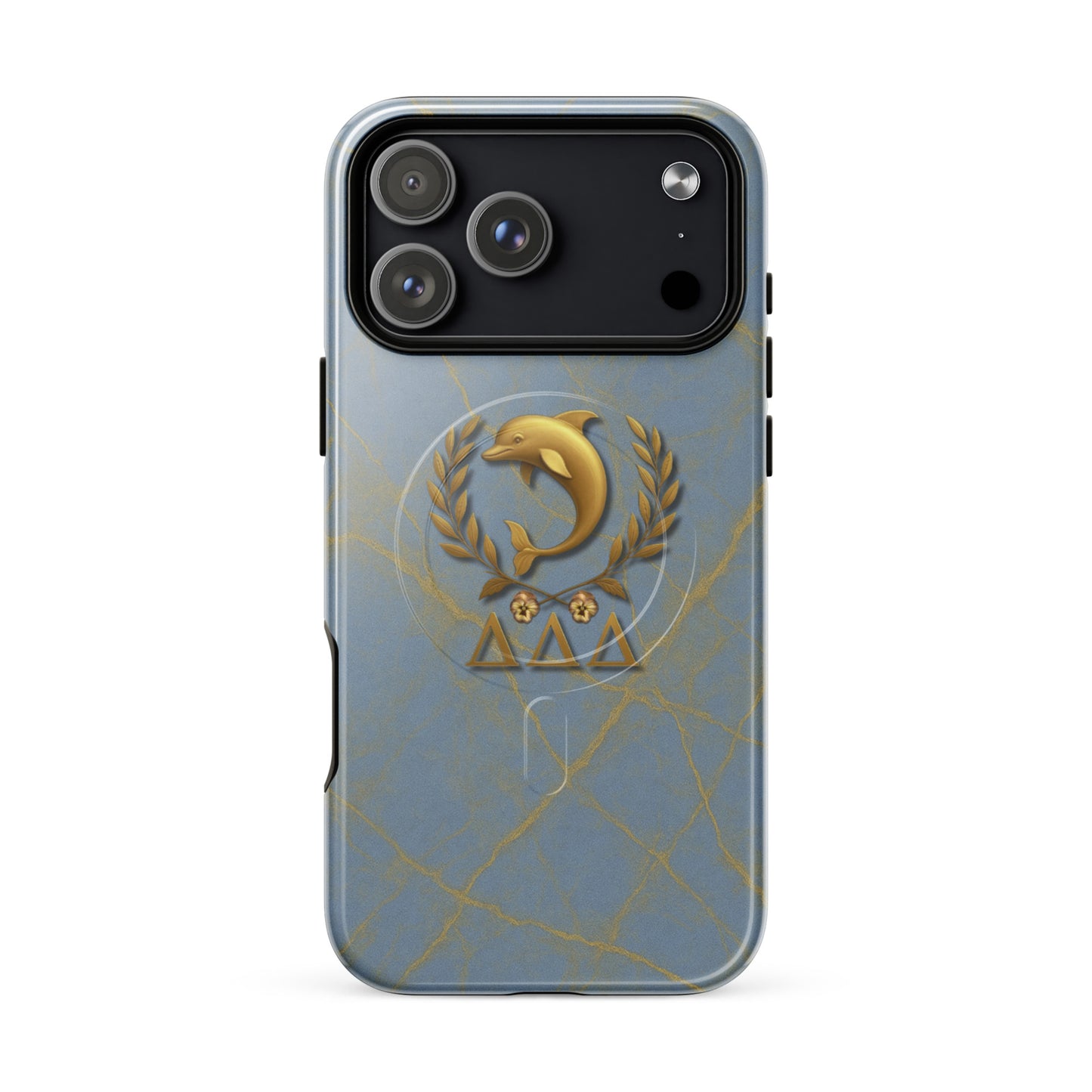 Tri Delt sorority iPhone 17 Pro Max MagSafe case with the golden dolphin crest and pansies - honoring the timeless traditions of Delta Delta Delta sisterhood