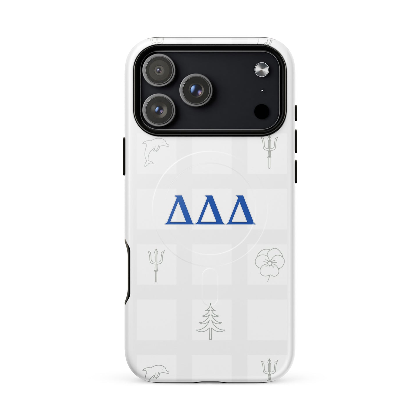 Delta Delta Delta Subtle Symbol iPhone 17 Pro Max MagSafe case with blue DDD letters, dolphin, trident, pansy, and pine on white checkered design