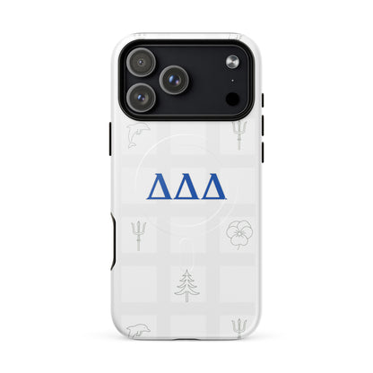 Delta Delta Delta Subtle Symbol iPhone 17 Pro Max MagSafe case with blue DDD letters, dolphin, trident, pansy, and pine on white checkered design