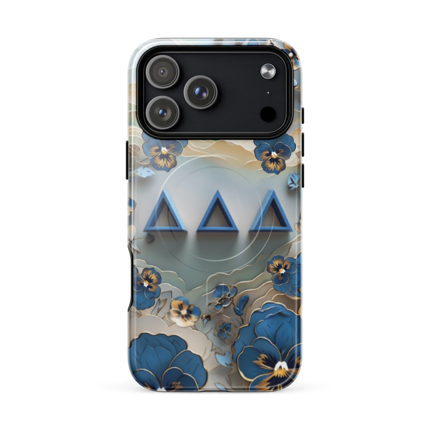 Tri Delt sorority iPhone 17 Pro Max MagSafe case featuring origami-inspired pansy blossoms and the timeless symbols of Delta Delta Delta sisterhood