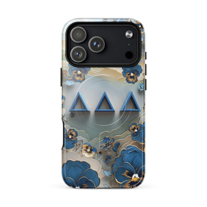 Tri Delt sorority iPhone 17 Pro Max MagSafe case featuring origami-inspired pansy blossoms and the timeless symbols of Delta Delta Delta sisterhood