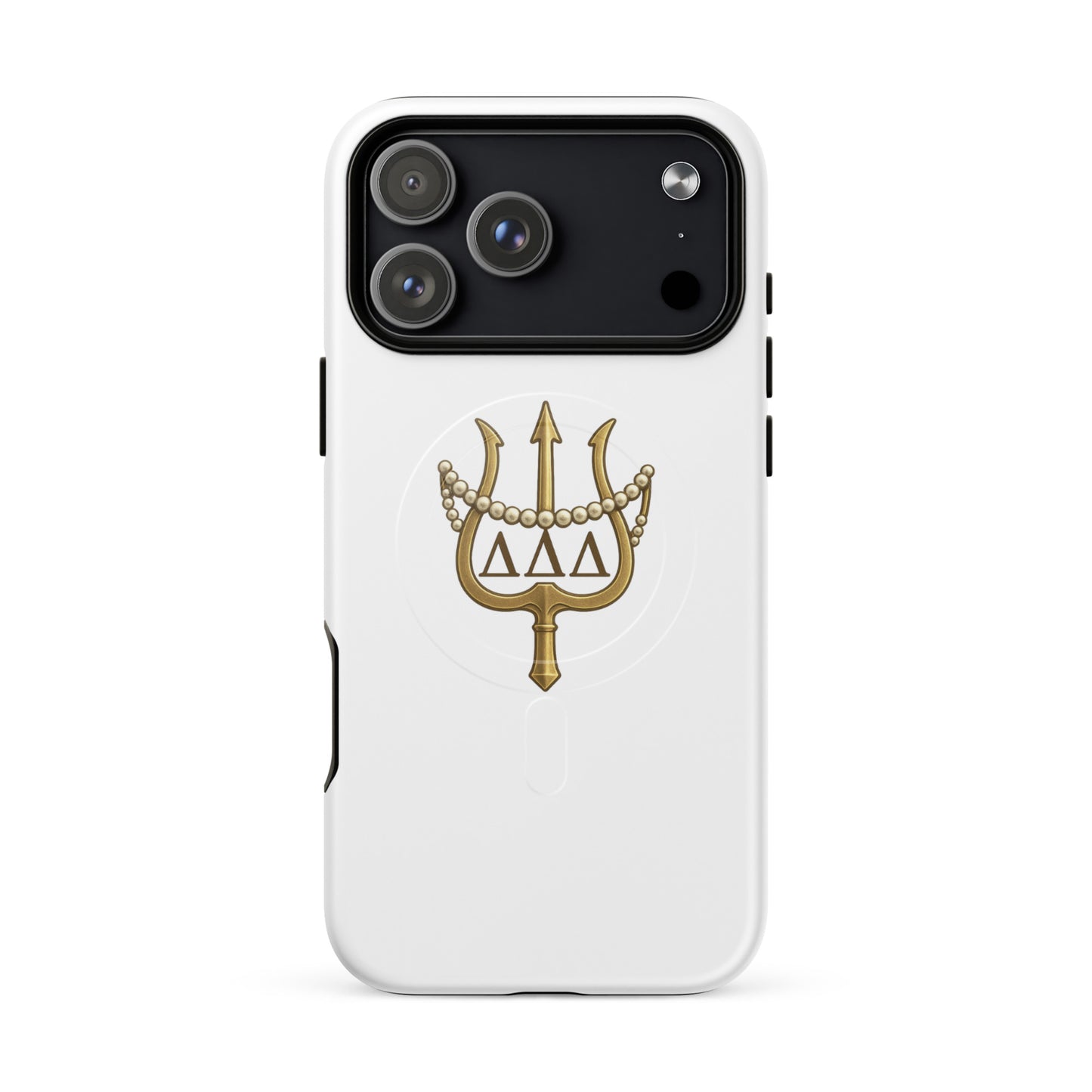 Tri Delt sorority iPhone 17 Pro Max MagSafe case with classic gold trident and pearls - a refined design honoring Delta Delta Delta tradition