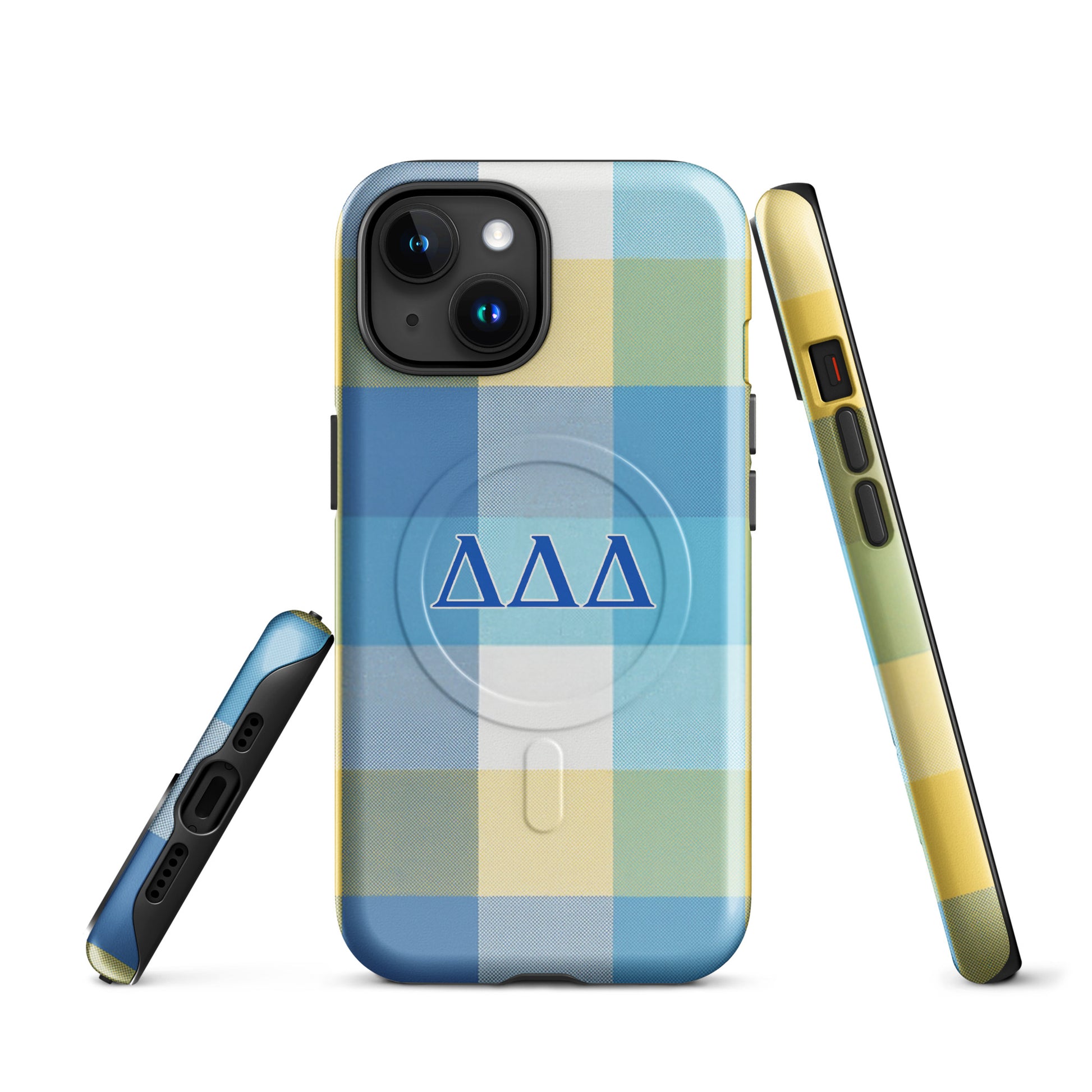 Multiple angles of Tri Delta Plaid Delta Delta Delta sorority iPhone case showing slim MagSafe build