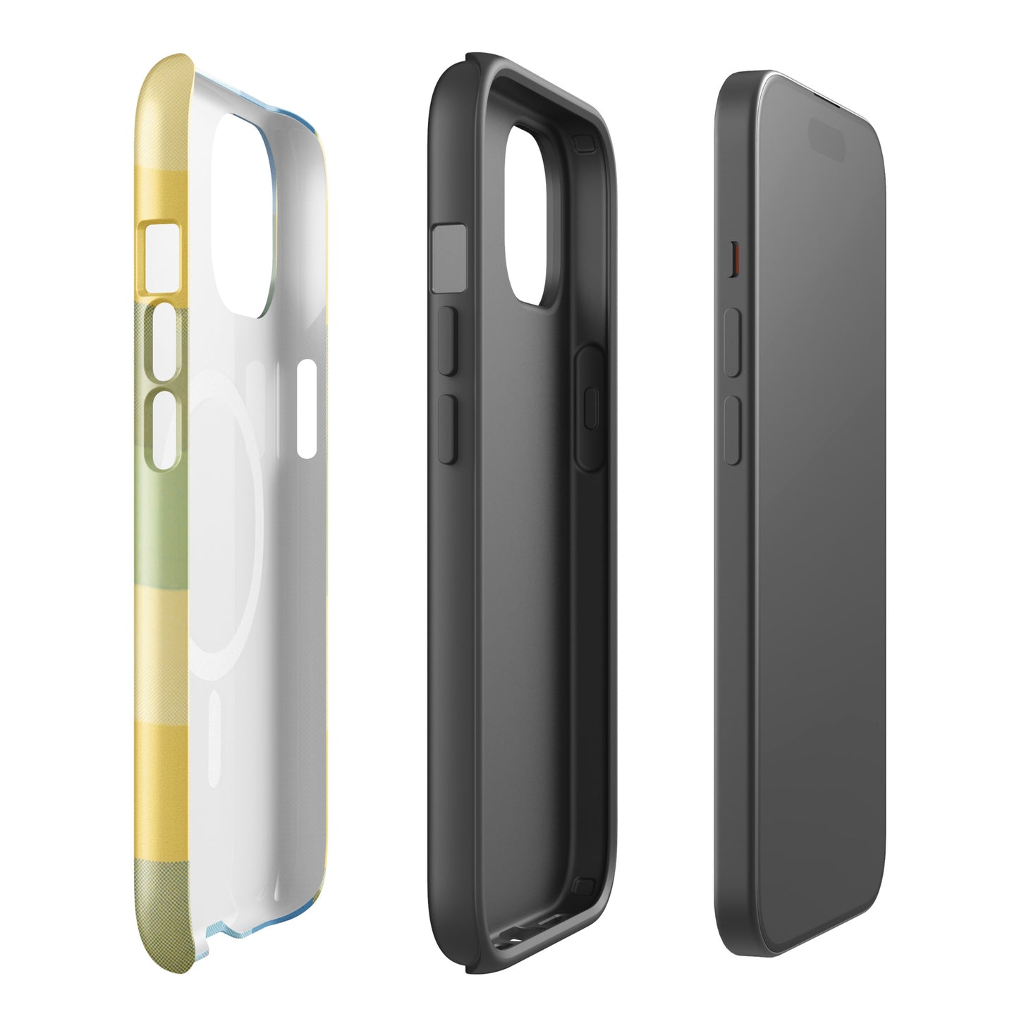 Inside view of Tri Delt Plaid iPhone case showing dual-layer shockproof TPU liner and MagSafe magnets