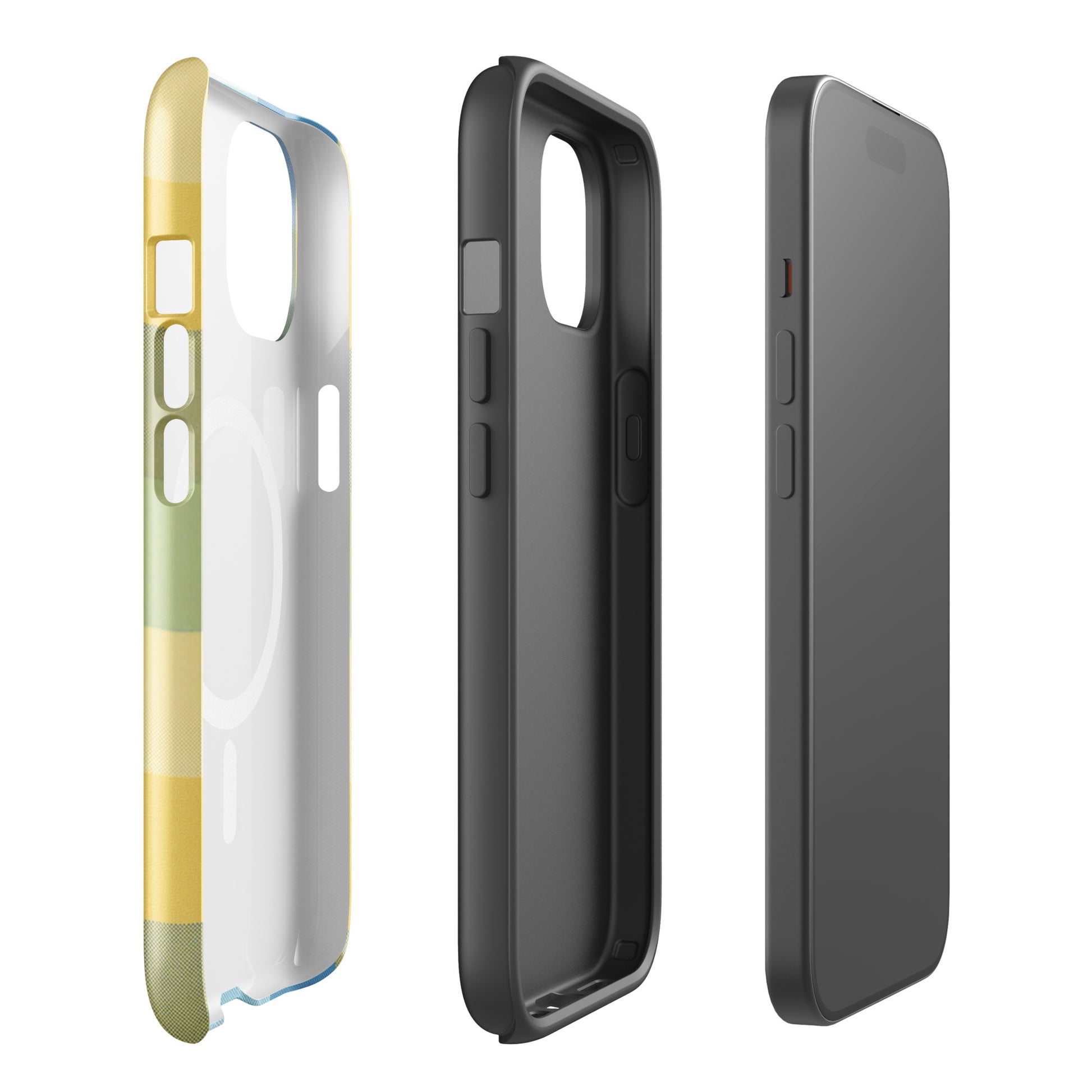 Inside view of Tri Delt Plaid iPhone case showing dual-layer shockproof TPU liner and MagSafe magnets