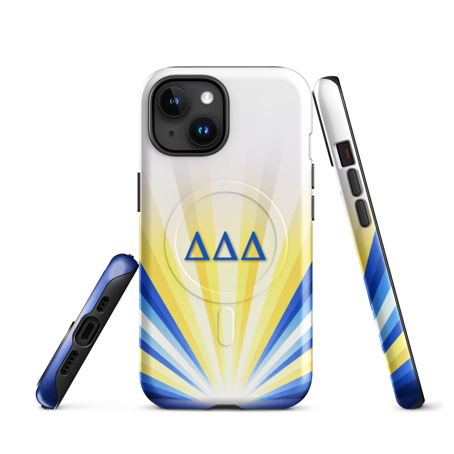Delta Delta Delta Radiant Sunburst MagSafe case for iPhone in white and yellow with blue DDD Greek letters and sunburst design showing front and side views