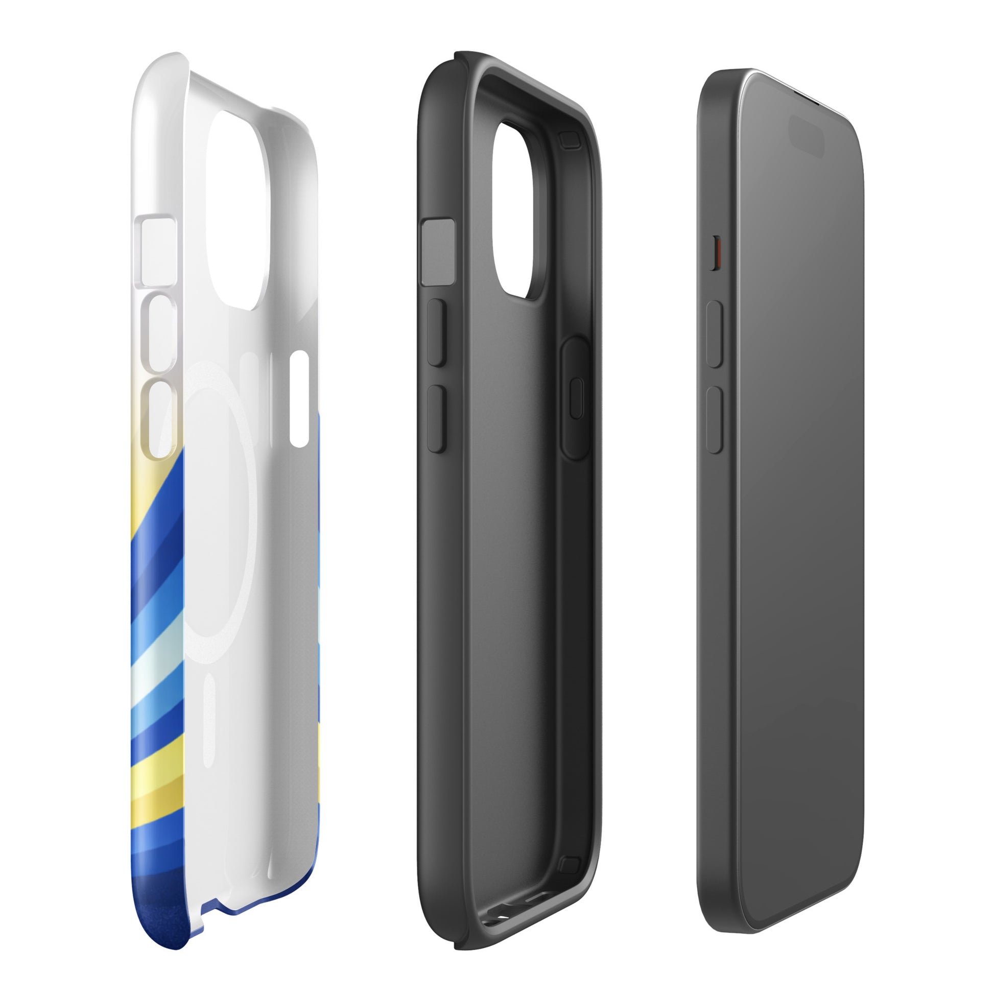 Delta Delta Delta Radiant Sunburst MagSafe case for iPhone in white and yellow with blue DDD Greek letters and sunburst design side view showing protective layers