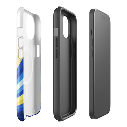 Delta Delta Delta Radiant Sunburst MagSafe case for iPhone in white and yellow with blue DDD Greek letters and sunburst design side view showing protective layers