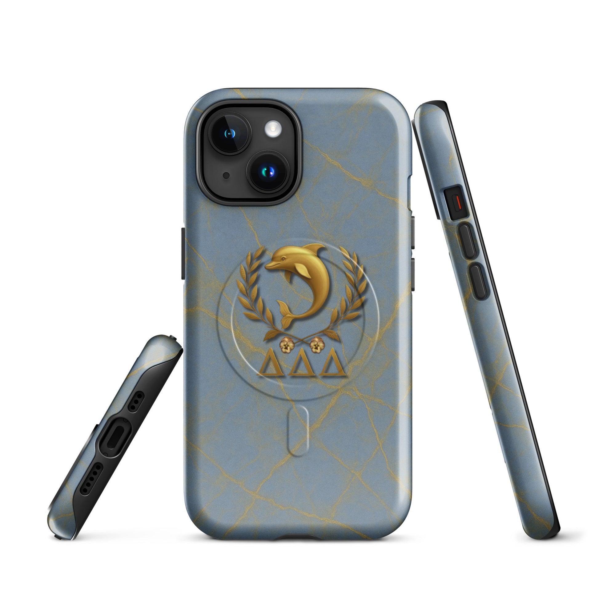 Multiple angles of Tri Delta Dolphin and Pansies Delta Delta Delta sorority iPhone case showing slim MagSafe build